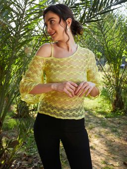 AAREIN - Yellow One Shoulder Three Fourth Sleeves Self Design Casual Regular Top