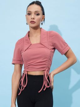 AAREIN - Pink Square Neck Half Sleeves Solid Casual Fitted Crop Top