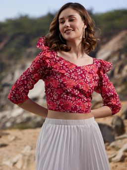 AAREIN - Burgundy V-Neck Three Fourth Sleeves Floral Casual Styled Back Crop Top