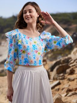 AAREIN - Blue V-Neck Three Fourth Sleeves Floral Casual Styled Back Crop Top