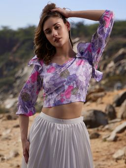 AAREIN - Purple V-Neck Three Fourth Sleeves Floral Casual Styled Back Crop Top
