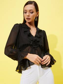 AAREIN - Black Balloon Sleeve Solid Casual Regular Top
