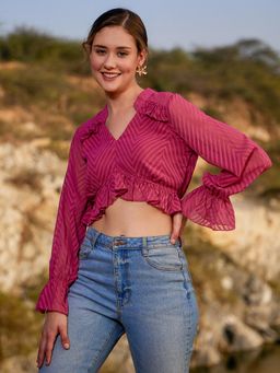 AAREIN - Guava Pink Mandarin Neck Long Bell Sleeves Printed Casual Fitted Crop Top