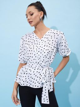 AAREIN - White V-Neck Half Sleeves Printed Casual Wrap Top