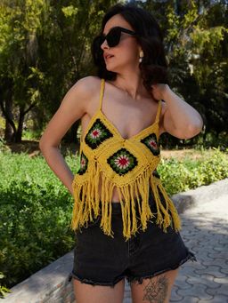 AAREIN - Yellow & green V-Neck Sleeveless Self Design Casual Crop Top