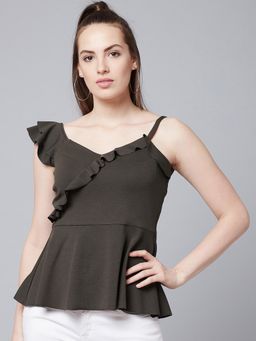 AAREIN - Olive Sleeveless Solid Casual Peplum Top