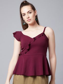 AAREIN - burgundy Solid Casual Peplum Top