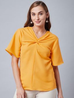 AAREIN - Yellow V-Neck Half Sleeves Solid Party Regular Top