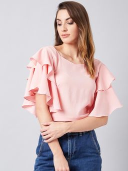 AAREIN - Pink Sweetheart Neck Half Sleeves Solid Party Styled Back Crop Top