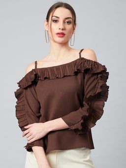 AAREIN - Brown Shoulder Straps Three Fourth Sleeves Sleeve Solid Casual Regular Top