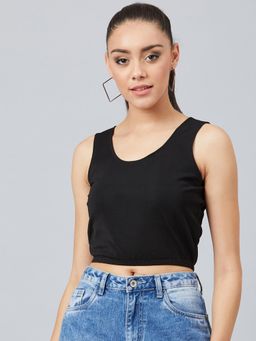 AAREIN - Black Round Neck Sleeveless Solid Casual Crop Top