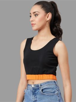 AAREIN - Black Round Neck Sleeveless Colorblock Casual Crop Top