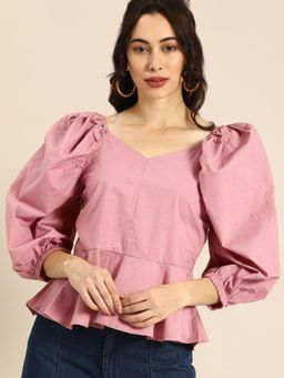 AAREIN - Mauve Sweetheart Neck Solid Casual Peplum Top