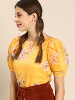 AAREIN - Yellow Boat Neck Floral Casual Regular Top