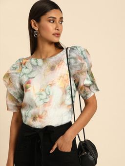 AAREIN - Green Boat Neck Floral Casual Regular Top