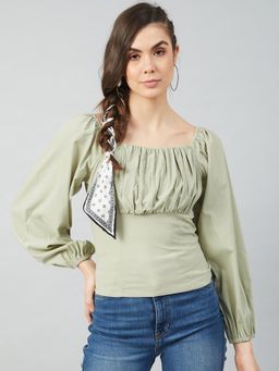 AAREIN - sea green Square Neck Full Sleeve Solid Casual Regular Top