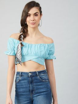 AAREIN - Blue Off Shoulder Half Sleeves Solid Casual Crop Top