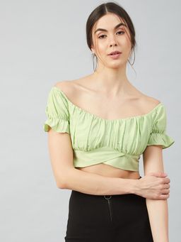 AAREIN - Green Off Shoulder Half Sleeves Solid Casual Crop Top