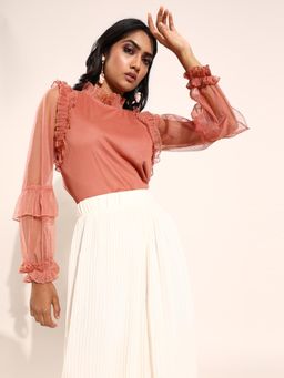 AAREIN - Rust Ruffled Neck Full Sleeve Solid Casual Regular Top