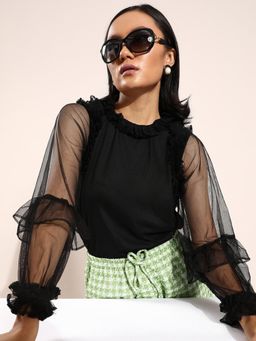 AAREIN - Black Ruffled Neck Full Sleeve Solid Casual Regular Top