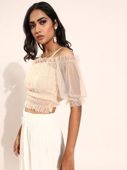 AAREIN - Beige Half Sleeves Solid Casual Blouson Top