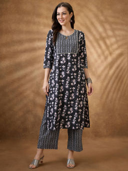Globus - Women Black Keyhole Neck Floral Print Gotta Lace Kurta & Pant (Set of 2)