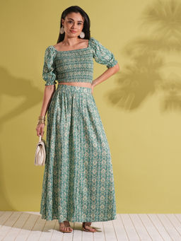 Globus - Women Green Indie Print Square Neck Puff Sleeves Co-Ord (Set of 2)