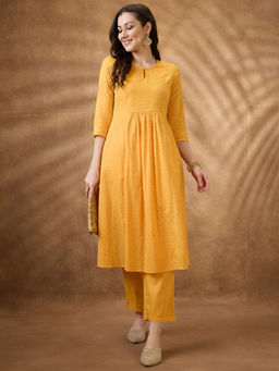 Globus - Women Yellow Keyhole Neck Zari Embroidered Pleated A-Line Kurta & Pant (Set of 2)