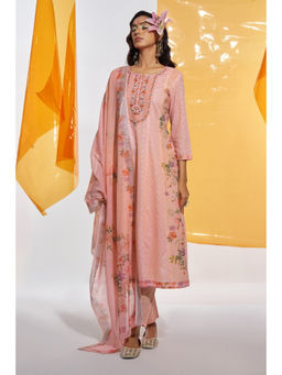 Autumnlane - Jaideep Peach Salmon Shchiffli Cotton Embroidered Kurta Pant & Dupatta (Set of 3)