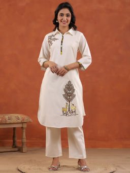 Autumnlane - Kara White Vriksha Cotton Embroidered Kurta & Pant (Set of 2)