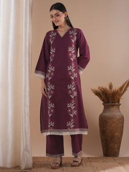 FASHOR - Maroon Cross Stitch Embroidered A-Line Kurta With Pant (Set of 2)