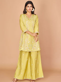 KAFTANIZE - Lime Yellow Paisley Embroidered A-Line & Palazzo (Set of 2)