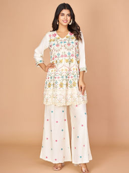 KAFTANIZE - Off White Floral Embroidered A-Line Kurta & Palazzo (Set of 2)
