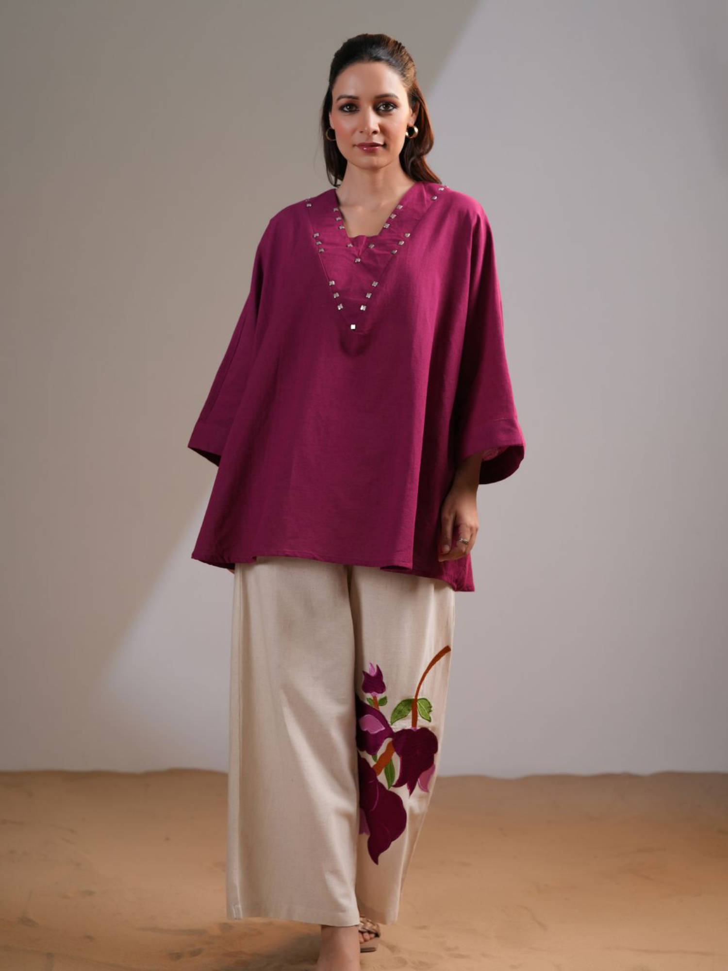 Magenta Pink Embellished V-Neck Co-Ord (Set of 2)