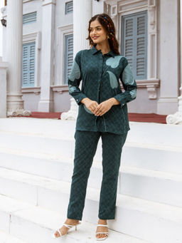 KAFTANIZE - Teal Green Floral Burnout Embroidered Co-Ord (Set of 2)