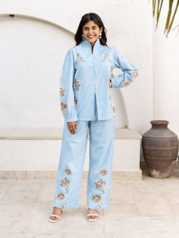 KAFTANIZE - Sky Blue Floral Embroidered Pleated Yoke Co-Ord (Set of 2)
