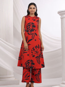 KAFTANIZE - Red Base Black Floral Printed Kurta & Pant (Set of 2)