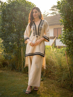 KAFTANIZE - Royal Beige Embroidered Cotton Co-Ord (Set of 2)