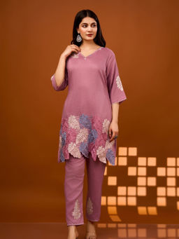 KAFTANIZE - Lavender Multi-Thread Embroidered Scalloped Kurta & Pant (Set of 2)