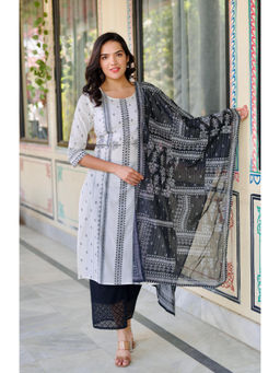 Juniper - Black And White Geometric Printed Cotton Kurta With Pant And Dupatta (Set of 3)