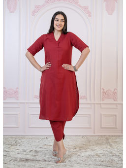 Juniper - Maroon Solid Cotton Linen Pleated Kurta & Pant (Set of 2)