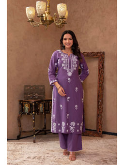 Juniper - Purple Embroidered Cotton Kurta With Pant (Set of 2)