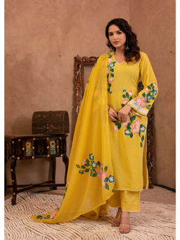 Juniper - Yellow Cotton Slub Floral Printed Kurta Pant And Dupatta (Set of 3)