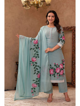 Juniper - Sky Blue Cotton Slub Floral Printed Kurta Pant And Dupatta (Set of 3)