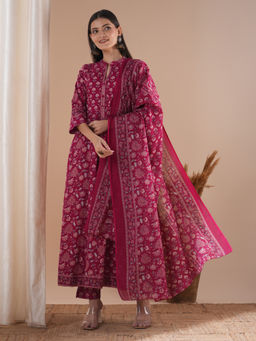 FASHOR - Maroon Ethnic Floral Printed Anarkali Kurta Pant And Dupatta (Set of 3)