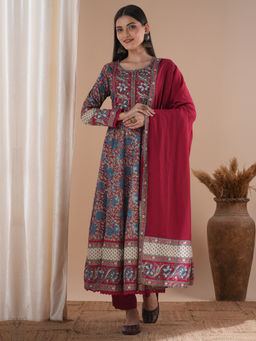 FASHOR - Red Floral Printed And Embroidered Anarkali Kurta Pant And Dupatta (Set of 3)