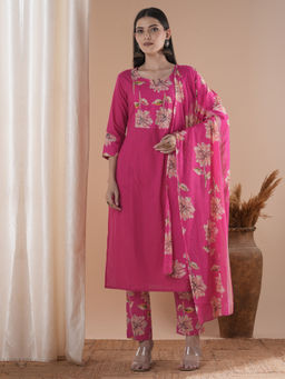 FASHOR - Pink Floral Printed And Embroidered Straight Kurta Pant And Dupatta (Set of 3)