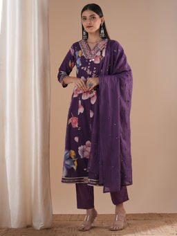 FASHOR - Purple Ethnic Floral Printed And Embroidered Anarkali Kurta Pant & Dupatta (Set of 3)