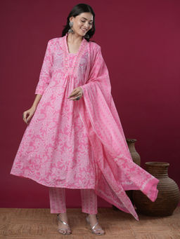 FASHOR - Pink Ethnic Floral Printed A-Line Panelled Kurta Pant And Dupatta (Set of 3)