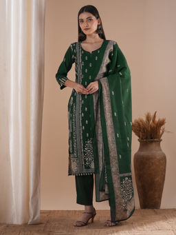FASHOR - Green Floral Printed And Embroidered Straight Kurta Pant And Dupatta (Set of 3)